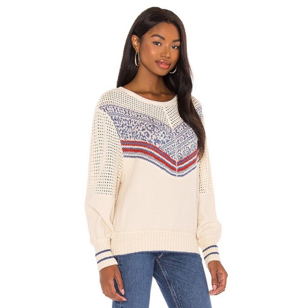 Free People Cream Sweater with Red & Blue Chevron Detail